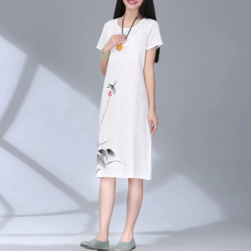

Summer Dress O Neck Short Sleeve White Women Dress Casual Cotton Dress Lotus Printing O-Neck Vestidos