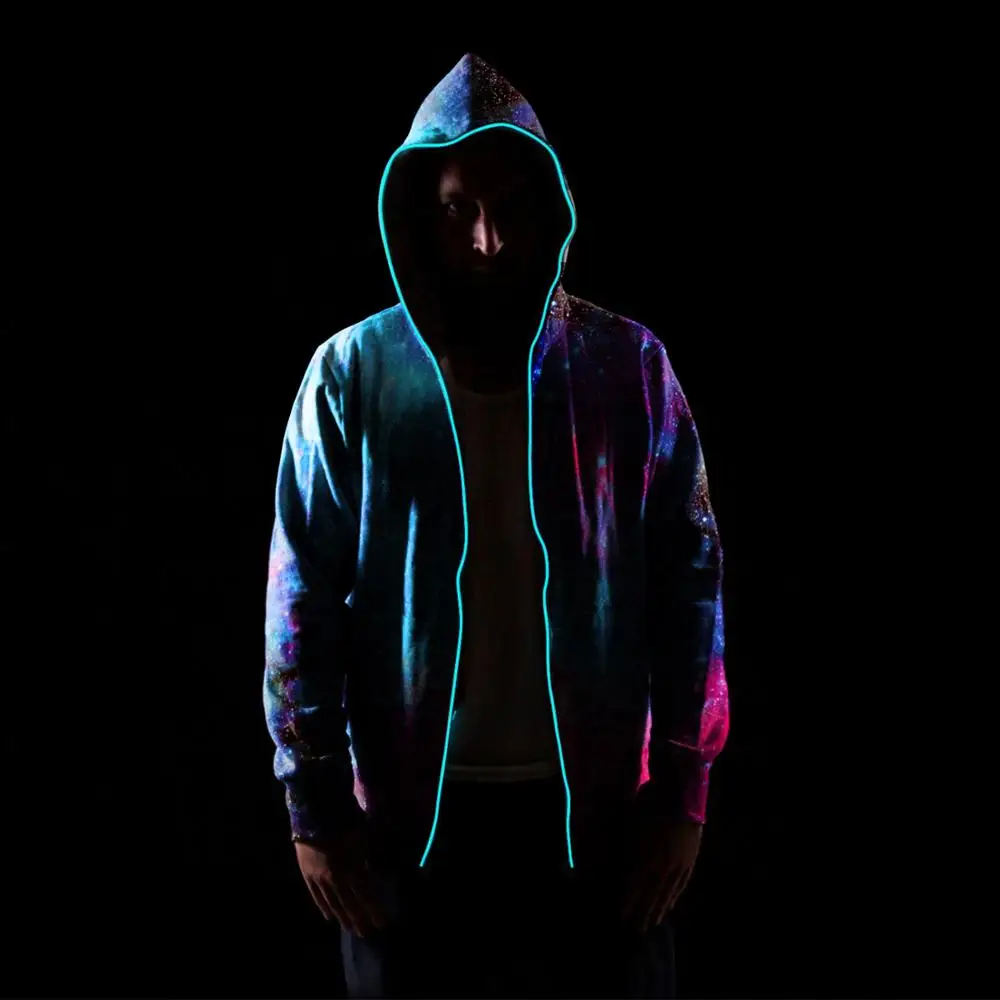

New Photoelectric Light Zipper starry sky 3D Printed Women Hoodie Hooded Femme Sweatshirt Casual Loose Men Pocket Hoodies Coat