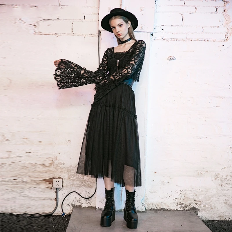 Женские кружевные топы на молнии с расклешенными рукавами и цветочным принтом