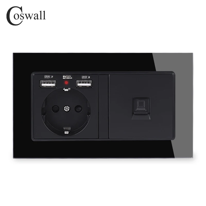 Настенная розетка стандарта ЕС COSWALL Россия Испания 2 порта USB для зарядки со