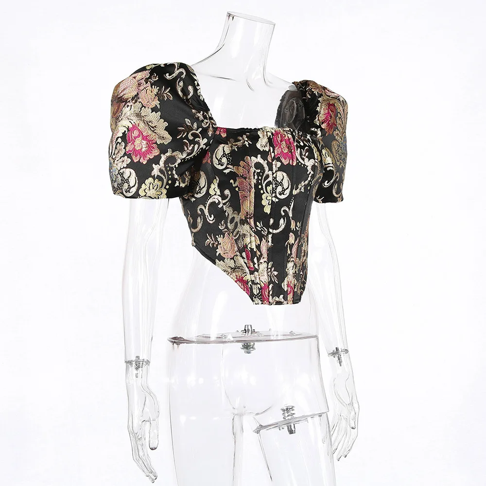 

2021 Spring Summer Sexy Short Puff Sleeve Square Collar Black Floral Print Tops Women T Shirt MH270