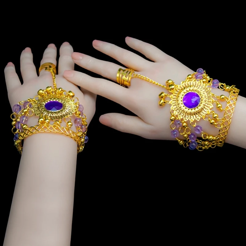 

Belly Dance Indian Bollywood Jewelry Accessories With Rhinestones Bells 1 Pair Golden Dance Bracelet Belly Dancing Accessories