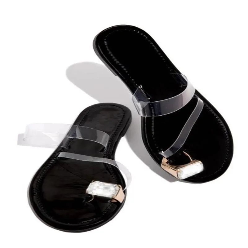 

2021 Slippers Women Transparent Flats Shoes Large Size Slip on Round Toe Solid Leopard Flats Sandals Crystal Ladies Roman Beach