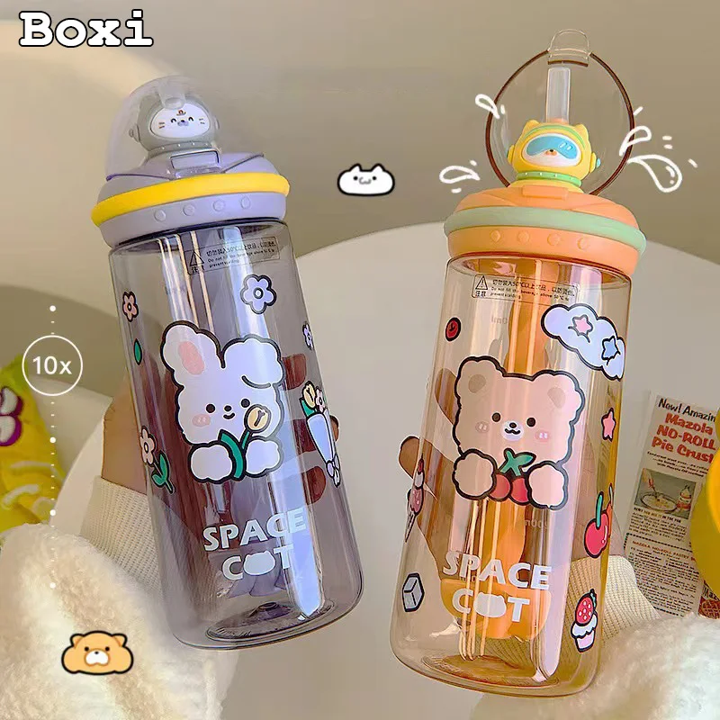 

Cute Plastic Water Bottle With Stir Straw Portable Kids Girls Student Juice Milk Shaker Bottles Pearl Milk Tea Drink Mixing Cup