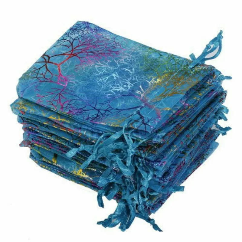 

New product 25pcs 12x9cm coral pattern organza drawstring pocket gauze wedding candy bag jewelry packaging