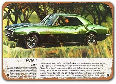 

1968 Pontiac Firebird 400 Vintage Car Tin Signs, Sisoso Metal Plaques Poster Man Cave Garage Retro Wall Decor 12x8 inch