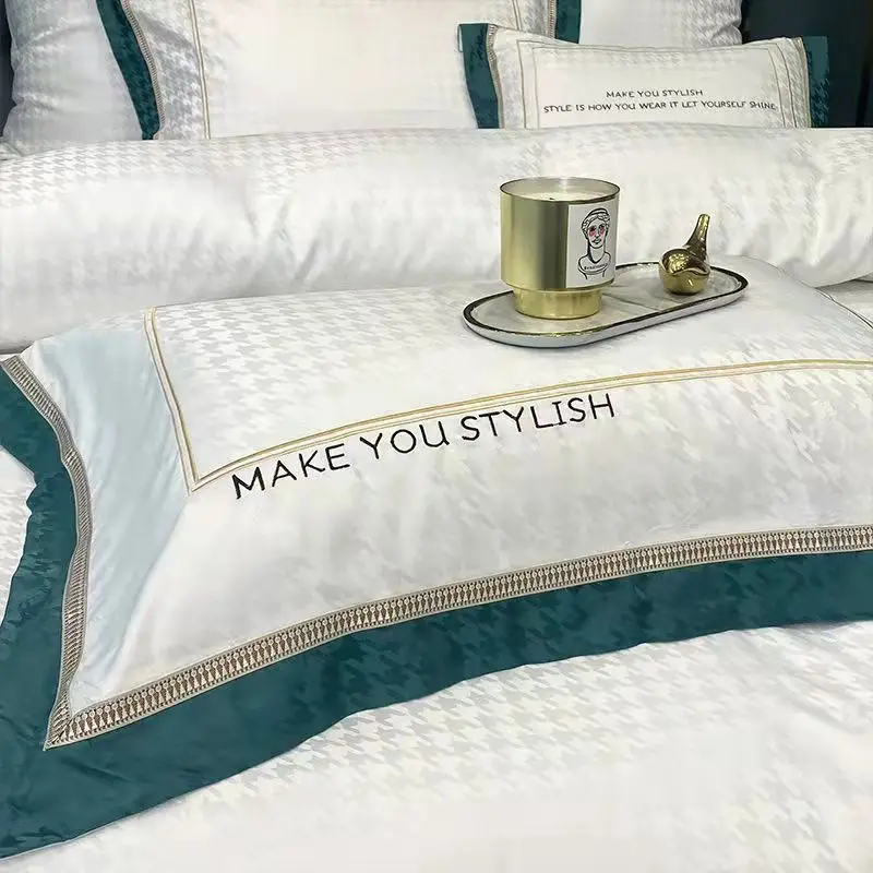 Juego de cama de algod&oacute;n de 4 piezas, S&aacute;bana de Jacquard satinada, funda de edred&oacute;n bordada sedosa, funda de almohada de lujo, ropa de cama moderna doble, Queen y King-4
