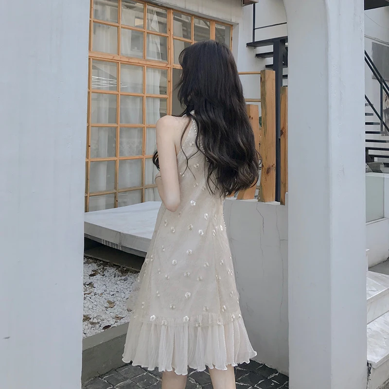 flower embroidered gauze falbala neck strap big pendulum dress |