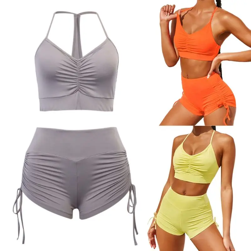 

Female 2 Piece Tracksuit Halter V-Neck Crop Top Ruched Drawstring Shorts Outfits