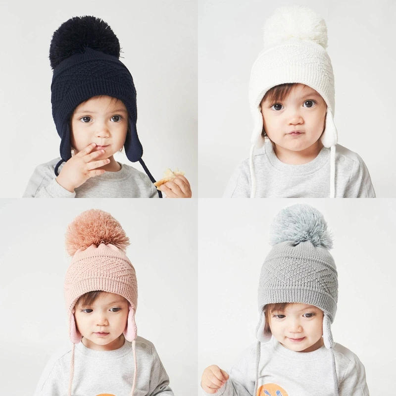

Toddler Baby Cute Top Plush Ball Beanie Autumn Winter Warm Solid Color Knitted Hat Earflap Children Ear Protection Cap