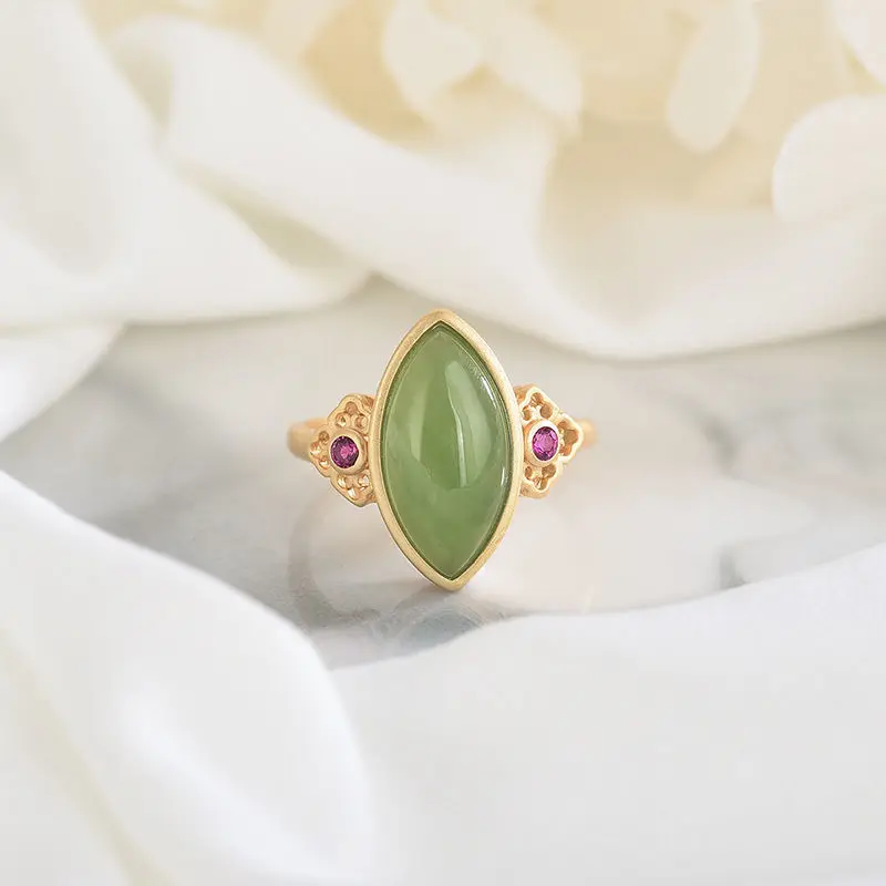 

Fashion Retro Horse Eye Ring Jade Gentle Elegant Exquisite and Versatile S925 Silver Inlaid Hetian Jade Ring