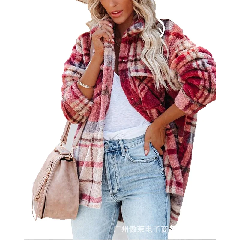

Donsignet Women Coat 2021 Women's New Plaid Plush Coat Women Fashion Casual Outerwear & Coats Streetwear Women Jacket