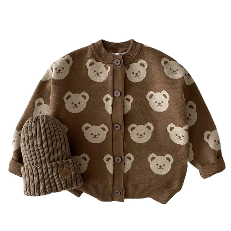 

Новое поступление, вязаная одежда для маленьких мальчиков, кардиганы для новорожденных, одежда для девочек, вязаный свитер с мультяшным мед...