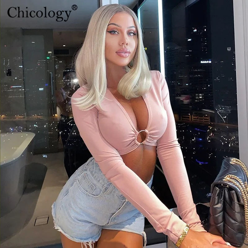 Женская укороченная футболка Chicology с длинным рукавом v-образным вырезом кольцом