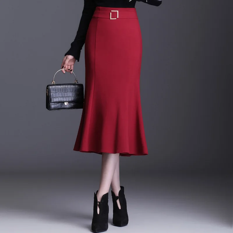 

Elegant Fashion Zipper High Waist Red Bodycon Fishtail Skirt Autumn Winter Office Lady Slim Mid-long Black Skirts 7880
