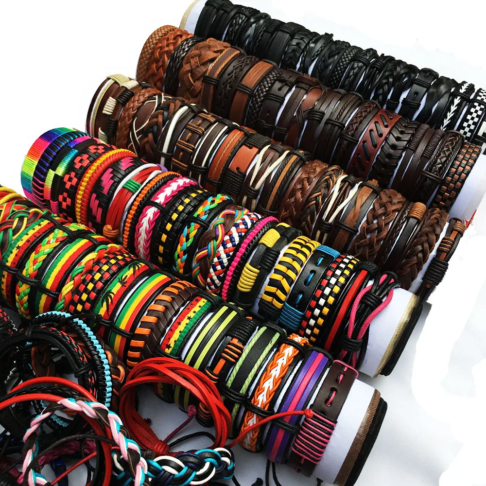 

50PCS/Lot Wholesale Random Multilayer Leather Bracelet For Men Braided Handmade Punk Wristband Women Men Jewelry Party Gift FT19