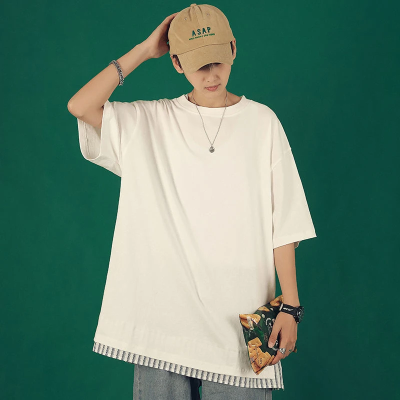 Футболка мужская оверсайз в полоску свободная рубашка с имитацией двух коротких