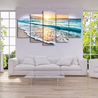 5 pieces of high definition modular posters modern pictures ocean waves on the beach sunset sea view living room home decoration