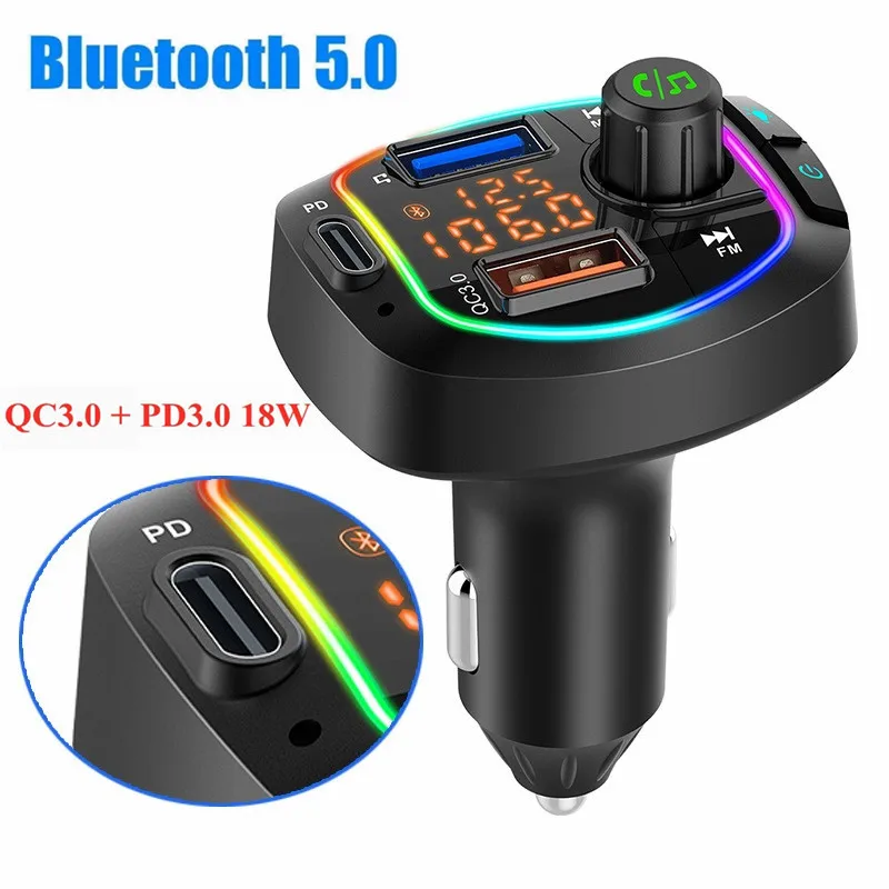 

Bluetooth 5.0 Car Kit Handsfree Wireless FM Transmitter Dual LED Screen Display Car MP3 Player with QC3.0+ PD3.018W Quick Charge