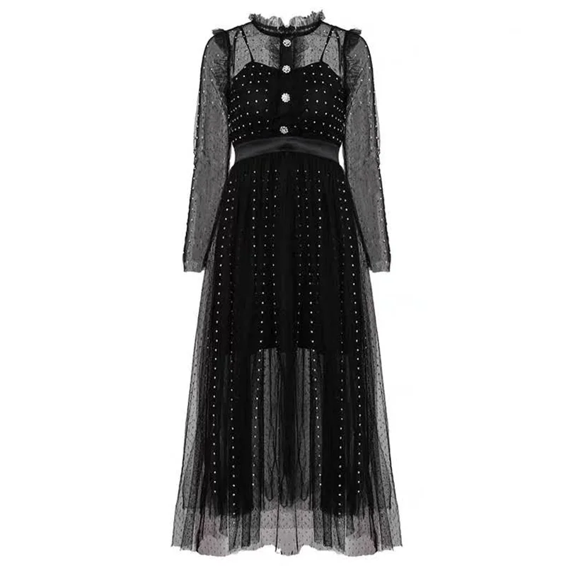

Spring Autumn Elegant Polka Dot Black Dress Woman Long Sleeve O-Neck Mesh Perspective Hot Rhinestone High Waist Sexy Party Dress