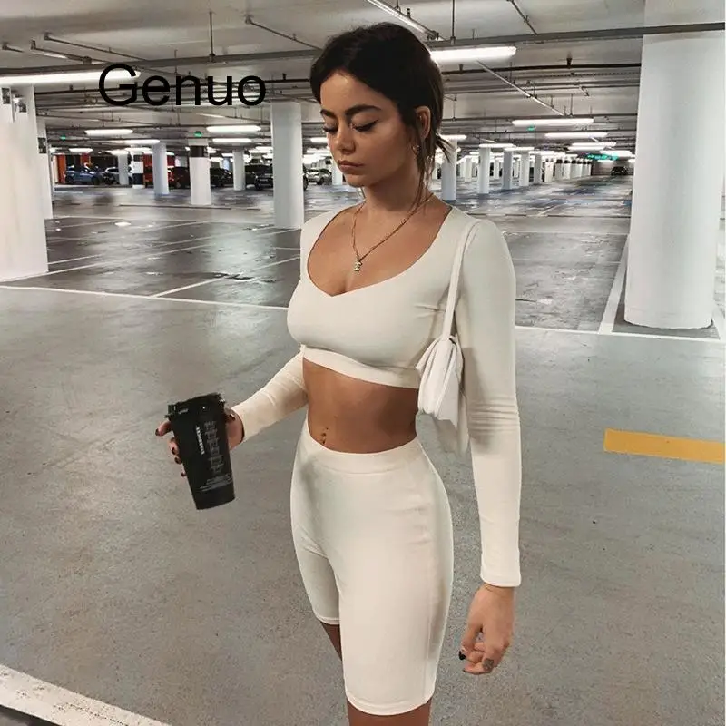 Two Pieces Casual Tracksuit Women Set Black Plus Size Long Sleeve Crop Top And Shorts Set Party Club Two Piece Outfits