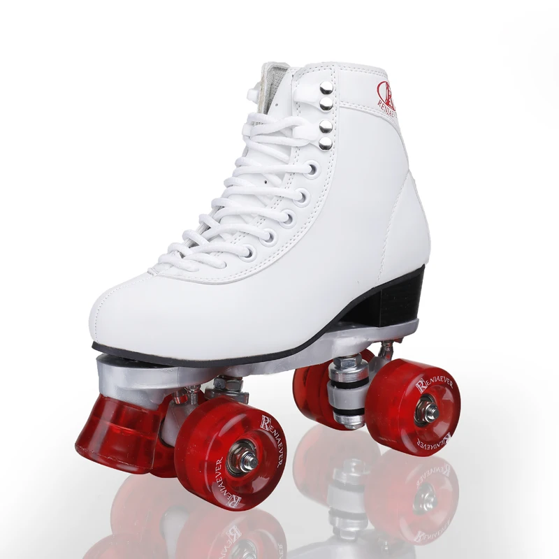 Мода двойной ряд шкив обувь 4 х колесные роликовые коньки белые ботинки из Pu