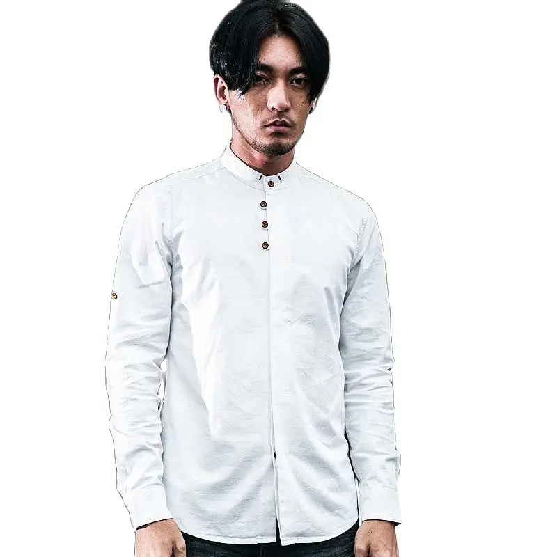 Рубашка мужская с воротником-стойкой хлопково-Льняная сорочка длинным рукавом