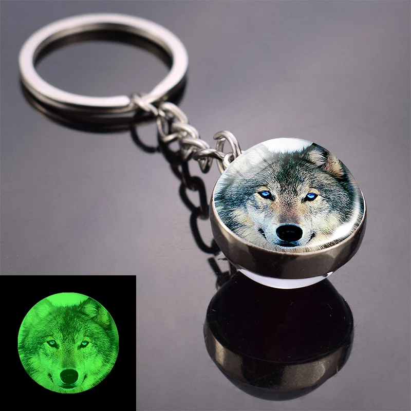 As show 19 Glow in Dark Jewelry Howling Wolf Keychain Wolf Luminous Glass Cabochon Pendant Keyring Double Side Glass Ball Keychain - Цвет: As show 19