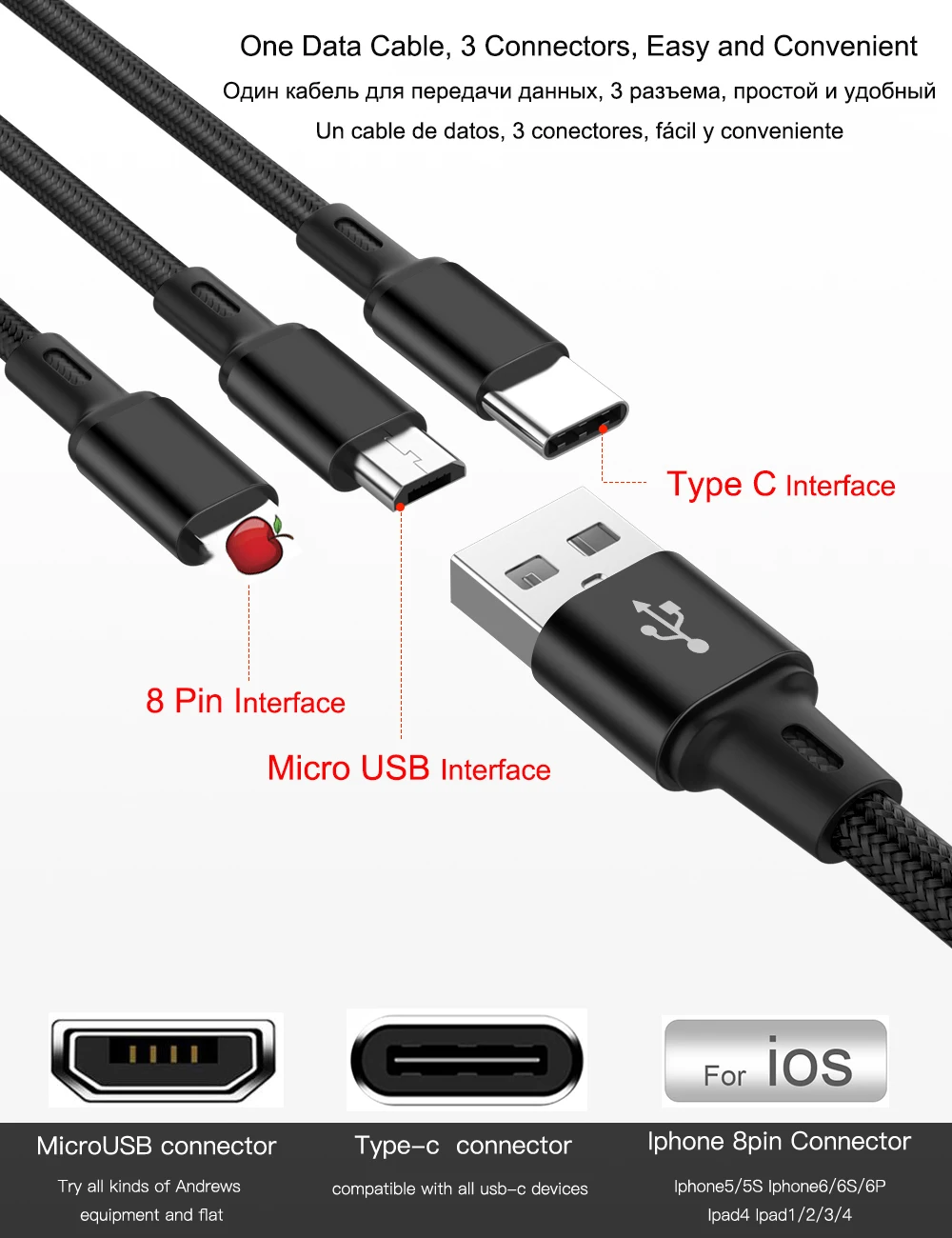 USB 3 в 1 кабель для зарядки для iPhone 6 3.0A кабель для быстрой зарядки Ssb tipo c для телефона Android кабель usbc кабель usb
