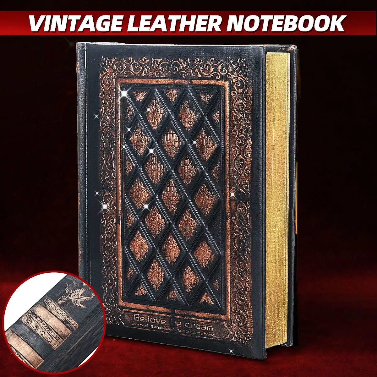 

Vintage Leather Journal Classic Diaries Retro Plaid Leather Black Golden Framed Notebook Journals Diary Stationery