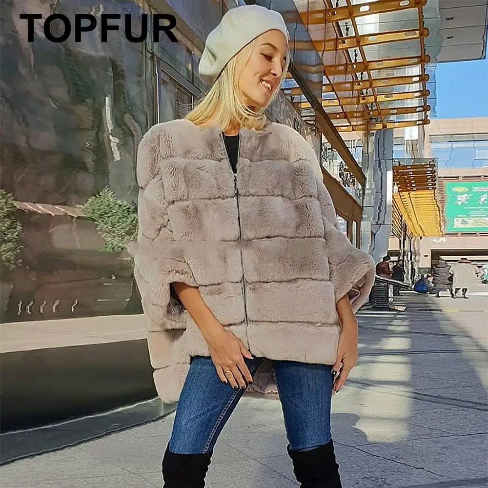 TOPFUR Winter Coat Women Real Fur Coat With Zipper Leather Jacket Women Rex Rabbit Fur Coat Rex Rabbit Fur Pullover Jacket