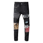 Новые мужские черные джинсы в стиле пэчворк со звездами и заклепками модная уличная одежда облегающие штаны-карандаш стрейч из денима рваные брюки