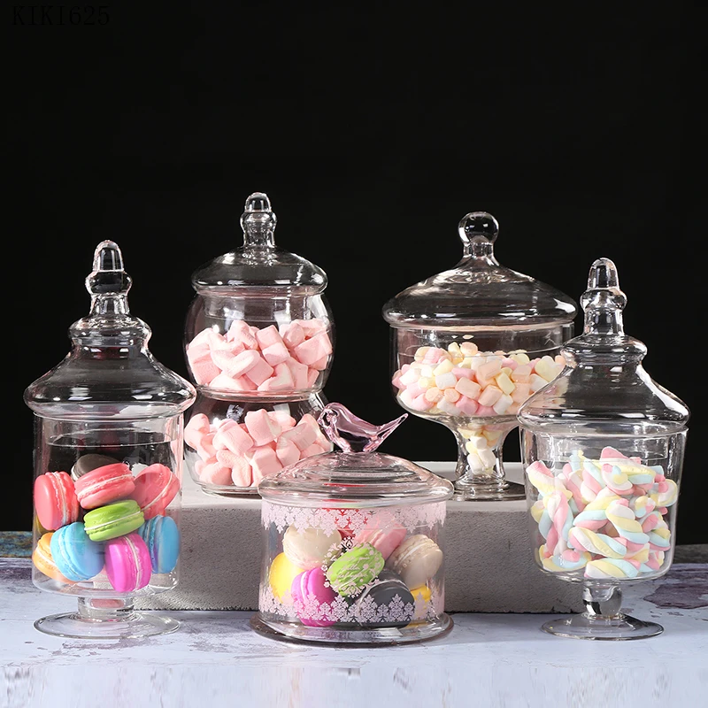 

European Glass Candy Jar Tall Dessert Dried Fruit Storage Bottle with Lid Home Transparent Glass Sealed Jar Wedding Decoration