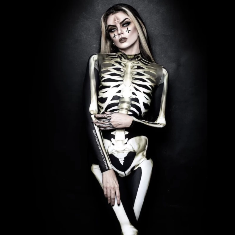

Halloween Costume Rose Printed Gothic Skeleton Jumpsuit for Adult Women Halloween Carnival Party Cospaly Long Sleeved Bodysuit