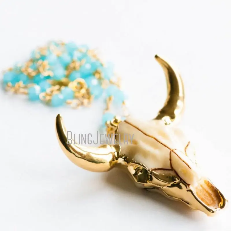 NM10813  Golden Cow Skull Necklace Skull Necklace Cow Skull Necklace Bull Skull Charm Necklace Cowgirl Necklace Tribal Necklace