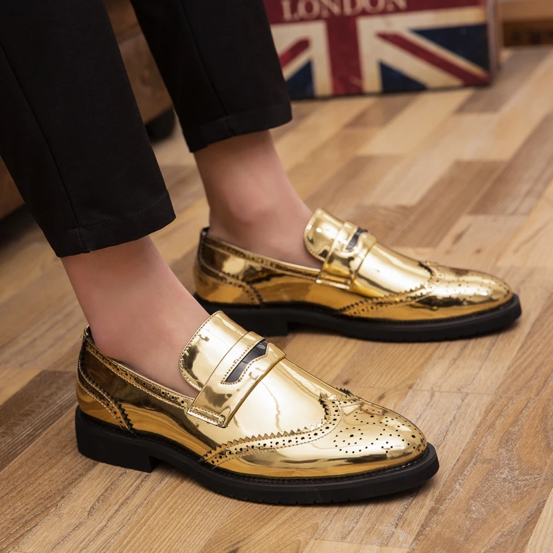 Мужские модельные туфли Деловые вечерние свадебные слипоны золотистого цвета