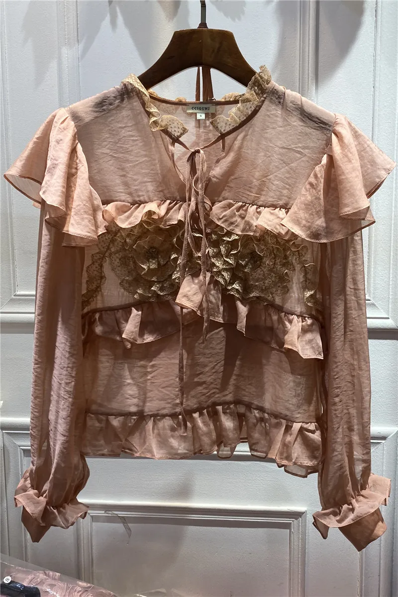 

Fairy women's blouse 2021 spring half perspective three-dimensional long sleeve shirts ruffled silk cotton two-piece blouse