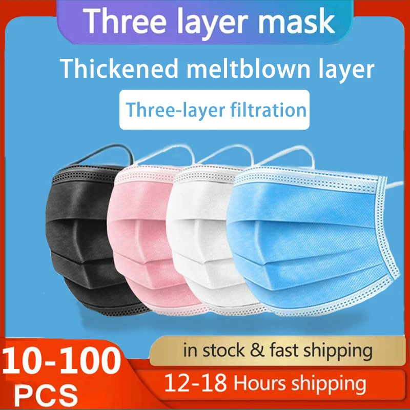 

10pcs/50Pcs/100pcs Mask Disposable Non wove 3 Layer Ply Filter Mask mouth Face mask Breathable Earloops Masks