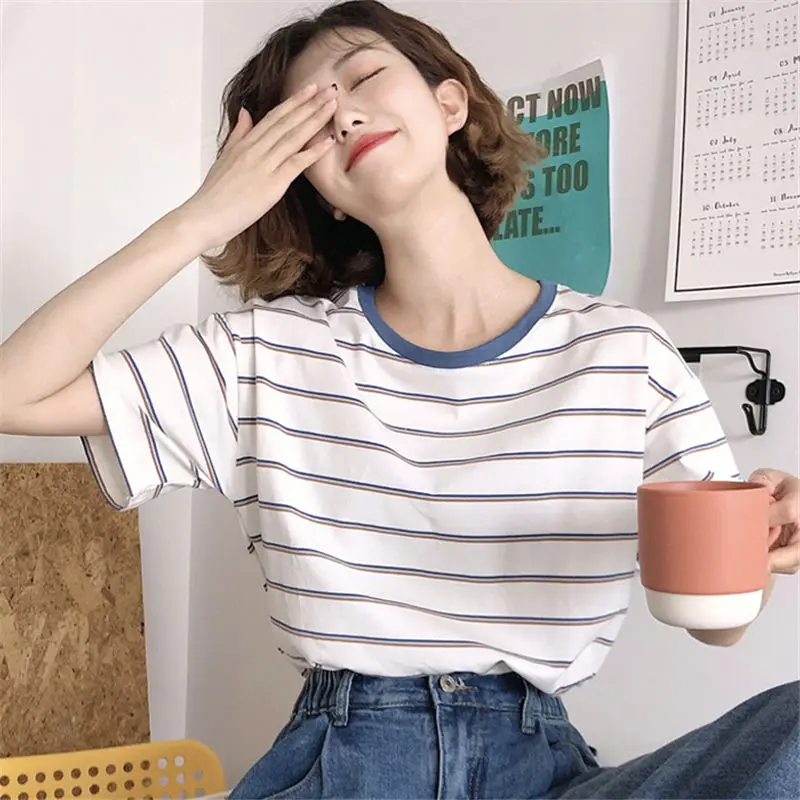 

Harajuku Short Sleeve Striped T-shirt Women Summer Tops Korean Ulzzang Striped Tees Shirt Schoolgirl Young Style Clothes