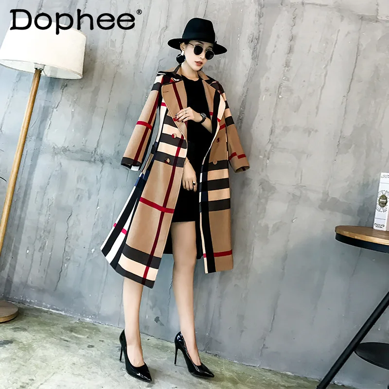 

Женская Длинная ветровка с отложным воротником, элегантное пальто в клетку, подходящее к цвету, офисное пальто с длинным рукавом, тренчкот, ...