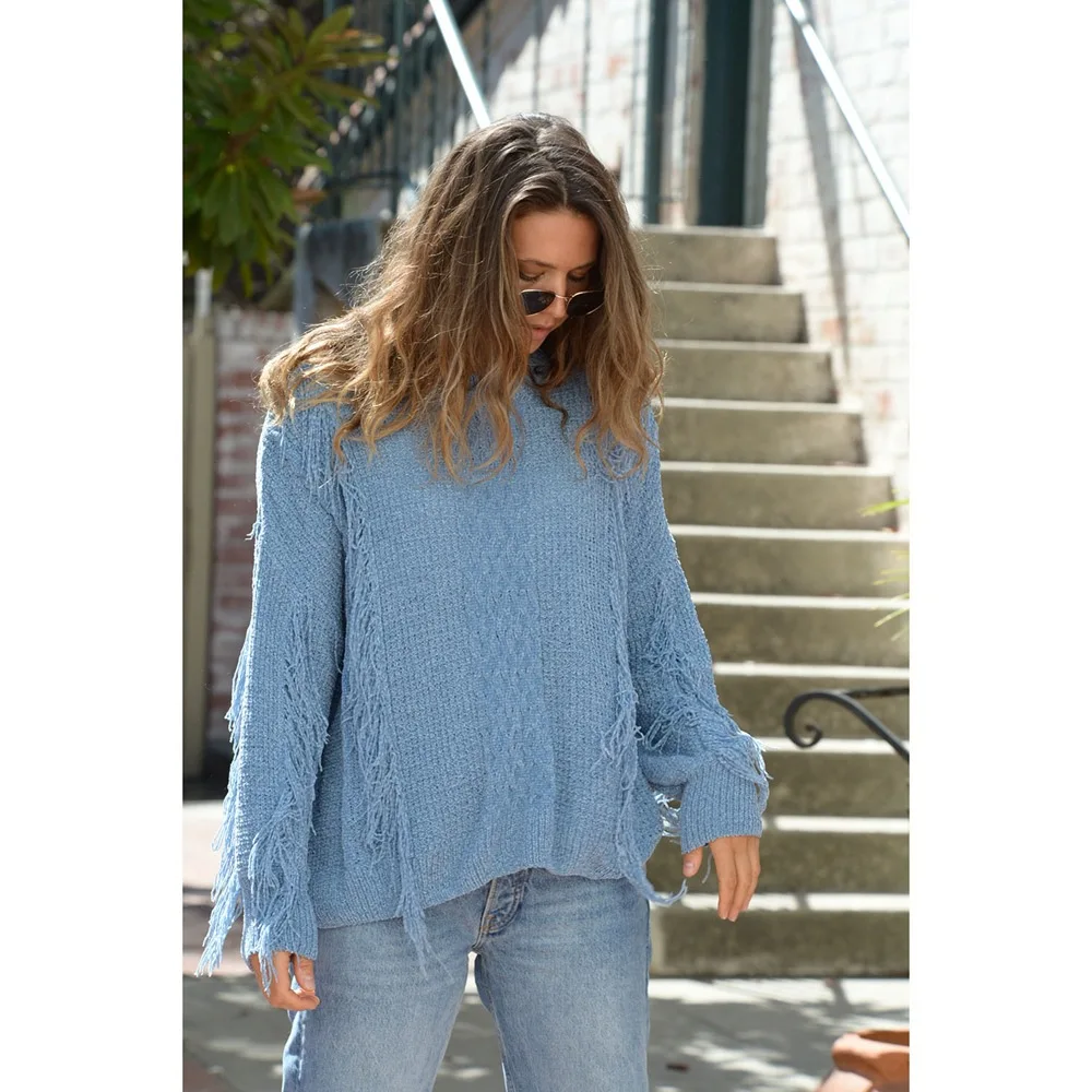 LOUIS JASON Women's Sweater Leisure Sleeve Round Collar Solid-colored Long-sleeved Tassel Knit Pullover Top Femme Jumper | Женская
