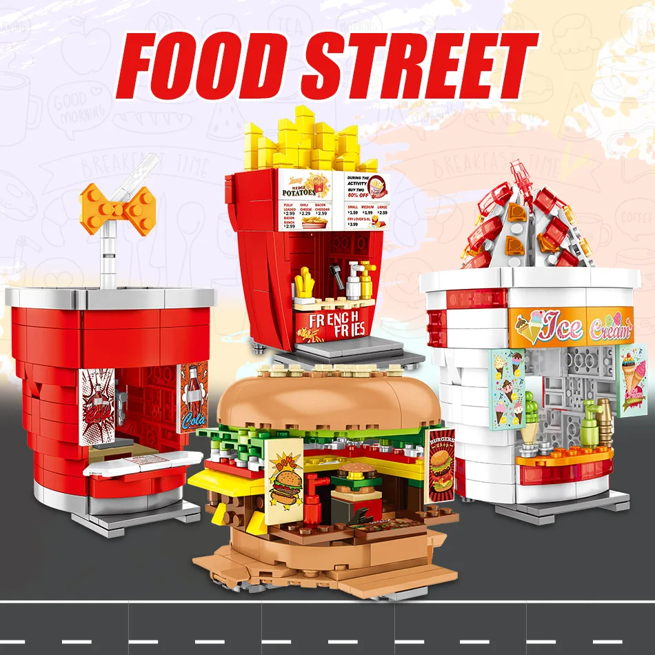 

city street view fast food hamburger restaurant French fries ice cream cola shop moc building block figures bricks toys for kids