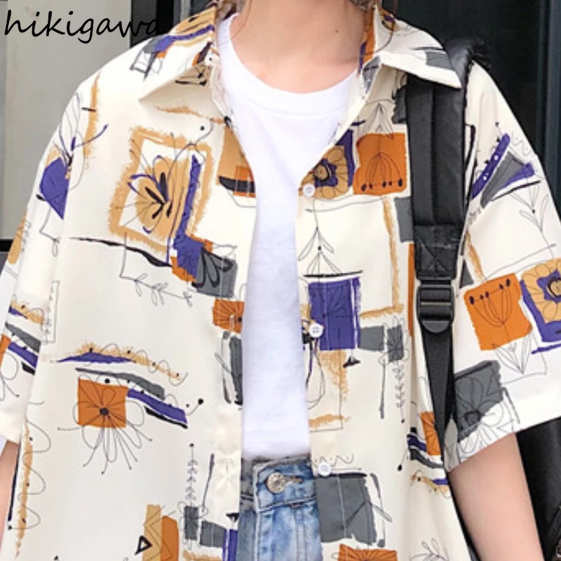

Hikigawa Camisas De Mujer for Women Short Sleeve Loose Tops Female Korean Fashion Harajuku Blouses Japan Kawaii Blusas
