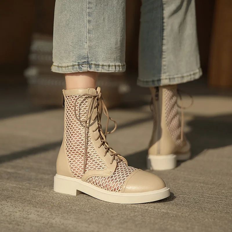 

Women Summer Boots plus size 22-26.5cm length superfine fiber+Large hole mesh Round Toe Women Breathable Back zipper net boots