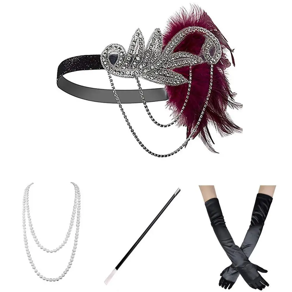Wine Set 1920s костюм девушки-флаппера Gatsby аксессуары набор для женщин Ревущие 20 ободок с сережками ожерелье перчатки сигарета держатель золото, вино - Цвет: Wine Set