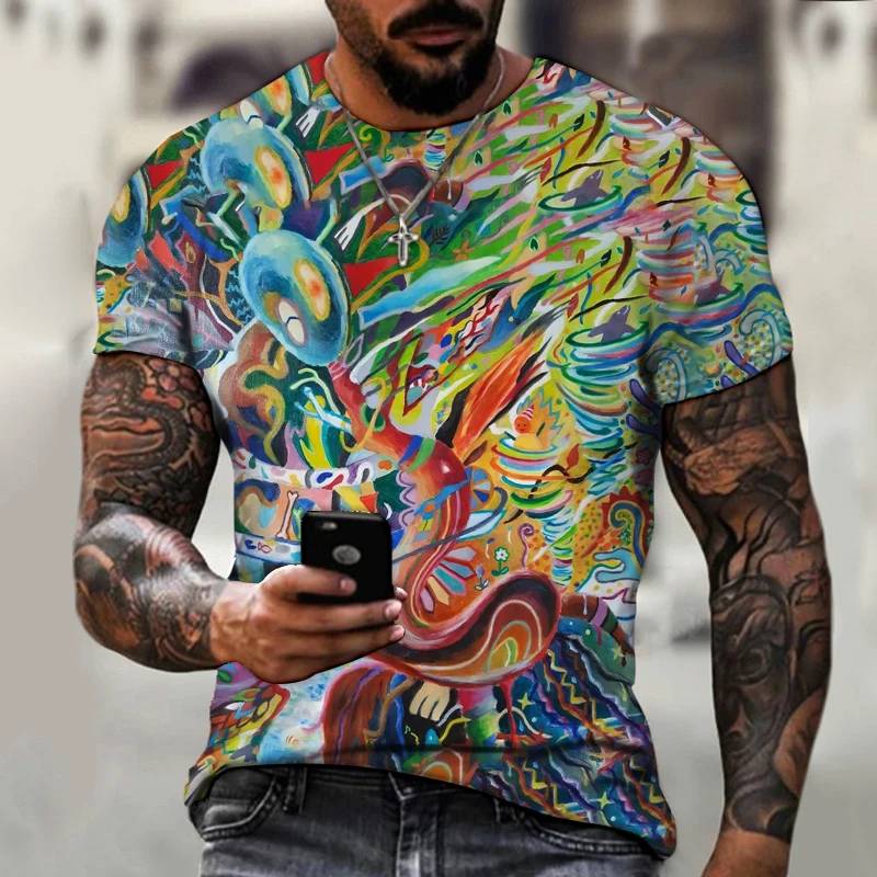 

Summer retro painting men's t-shirt 3d printing fashion sports o-neck oversized casual t-shirt loose short-sleeved shirt