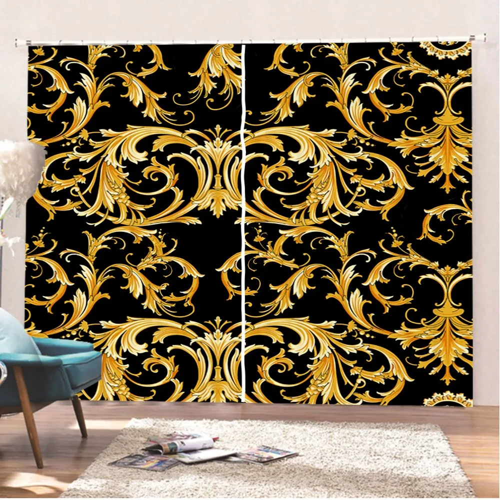 

Luxury European Curtains for Living Room Bedroom Golden Chain Vintage Baroque Window Drapes 2 Panels Blackout Window Treatments