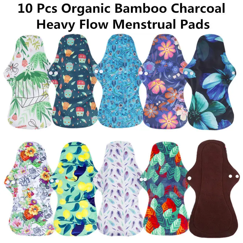 

[simfamily] 10pcs organic Bamboo Charcoal washable Hygiene menstrual pads Heavy flow sanitary pads lady cloth pad reusable pads
