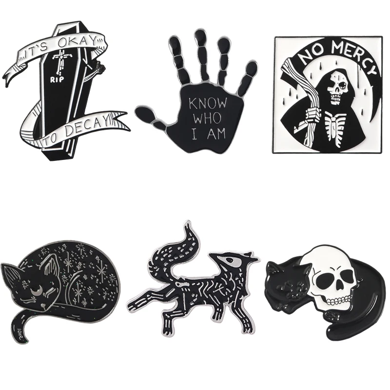 

Black Punk Coffin Grim Reaper Magic Sorcerer Cat Skull Hand Palm Enamel Pins Lapel Brooches Badges Pin Gothic Jewelry Wholesale