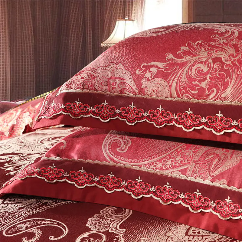 

Europe Satin Jacquard bedding sets Luxury Red Embroidery bed set queen king size Lace duvet cover bed sheet linen pillowcase